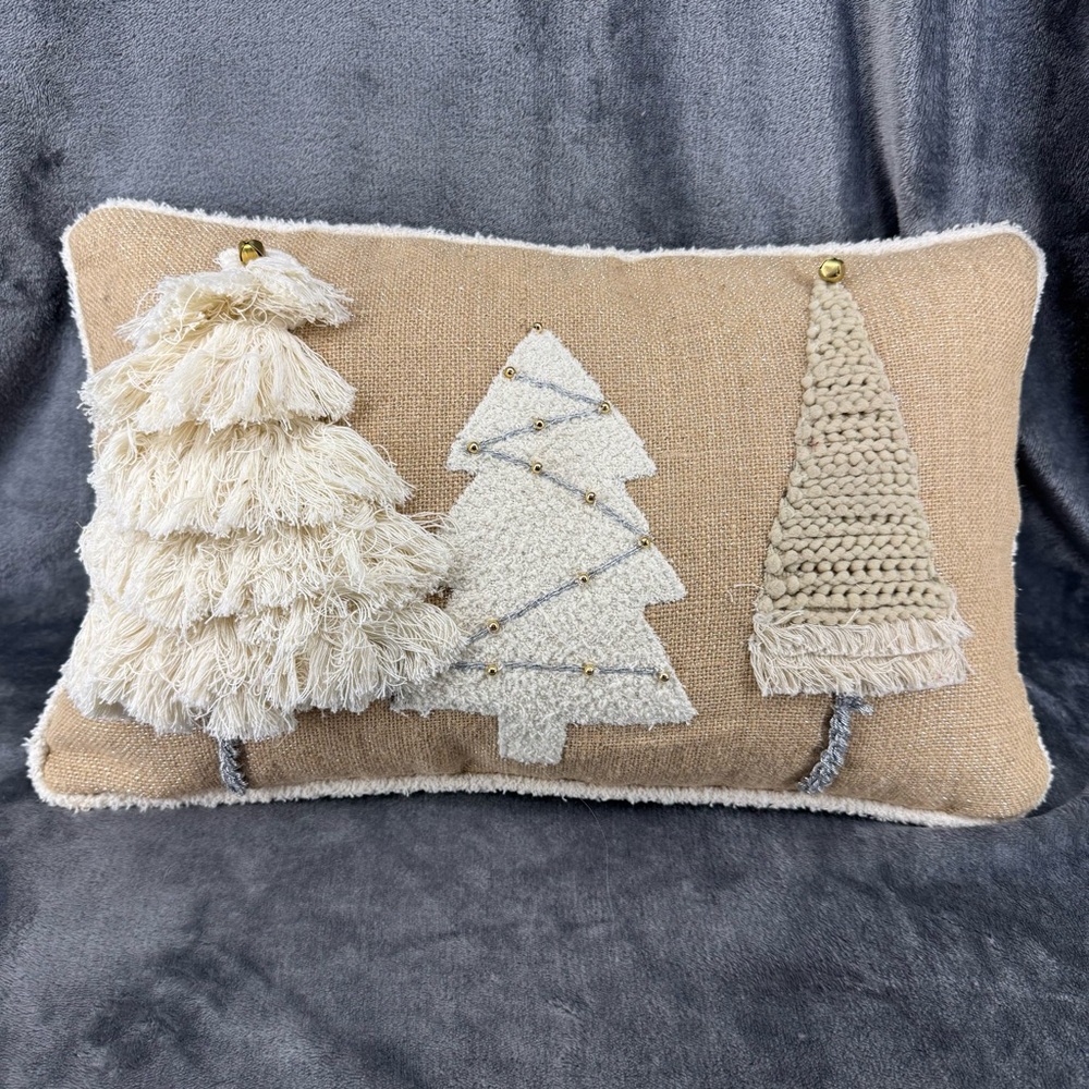 NWT Tan & Cream Creative Co-Op Inc Burlap Country Christmas Tree Throw Pillow